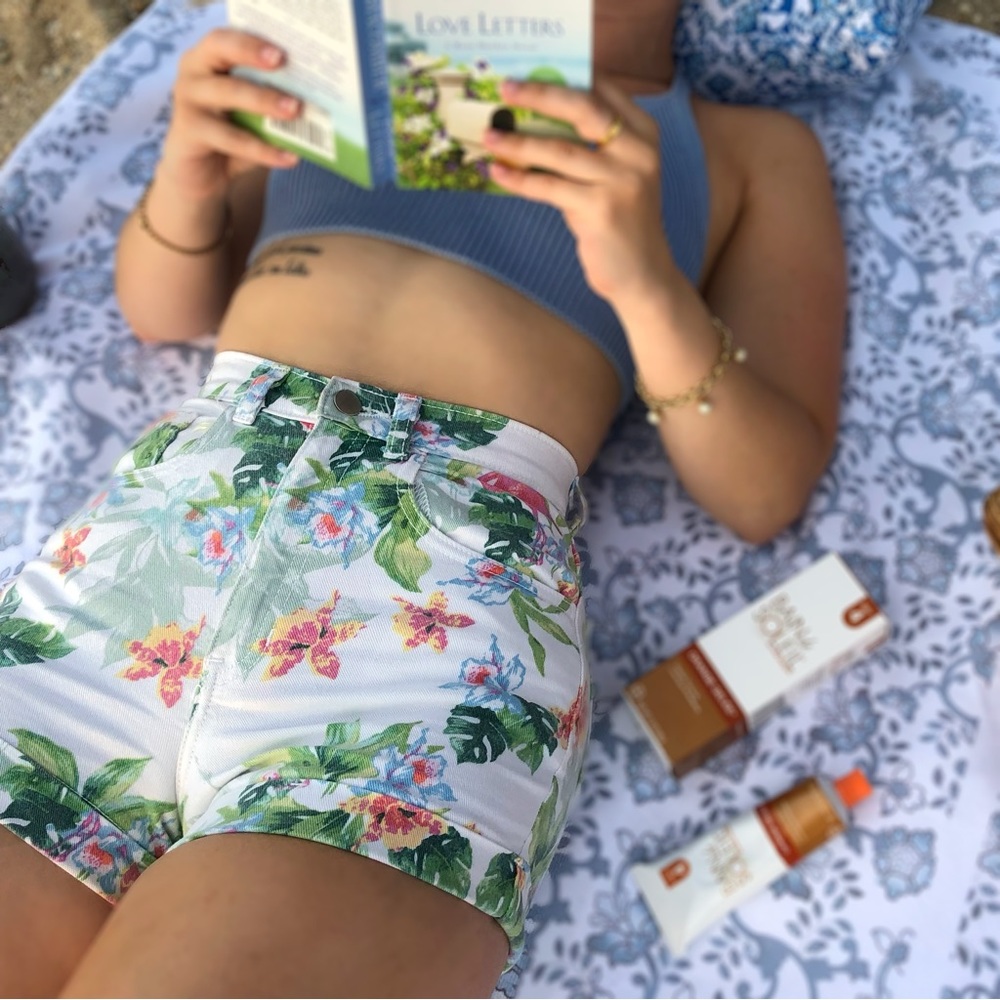 Tropical Floral Print High Waist Denim Stretchy Shorts
